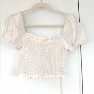 Astr Cream Smocked Puff Sleeve Crop Top